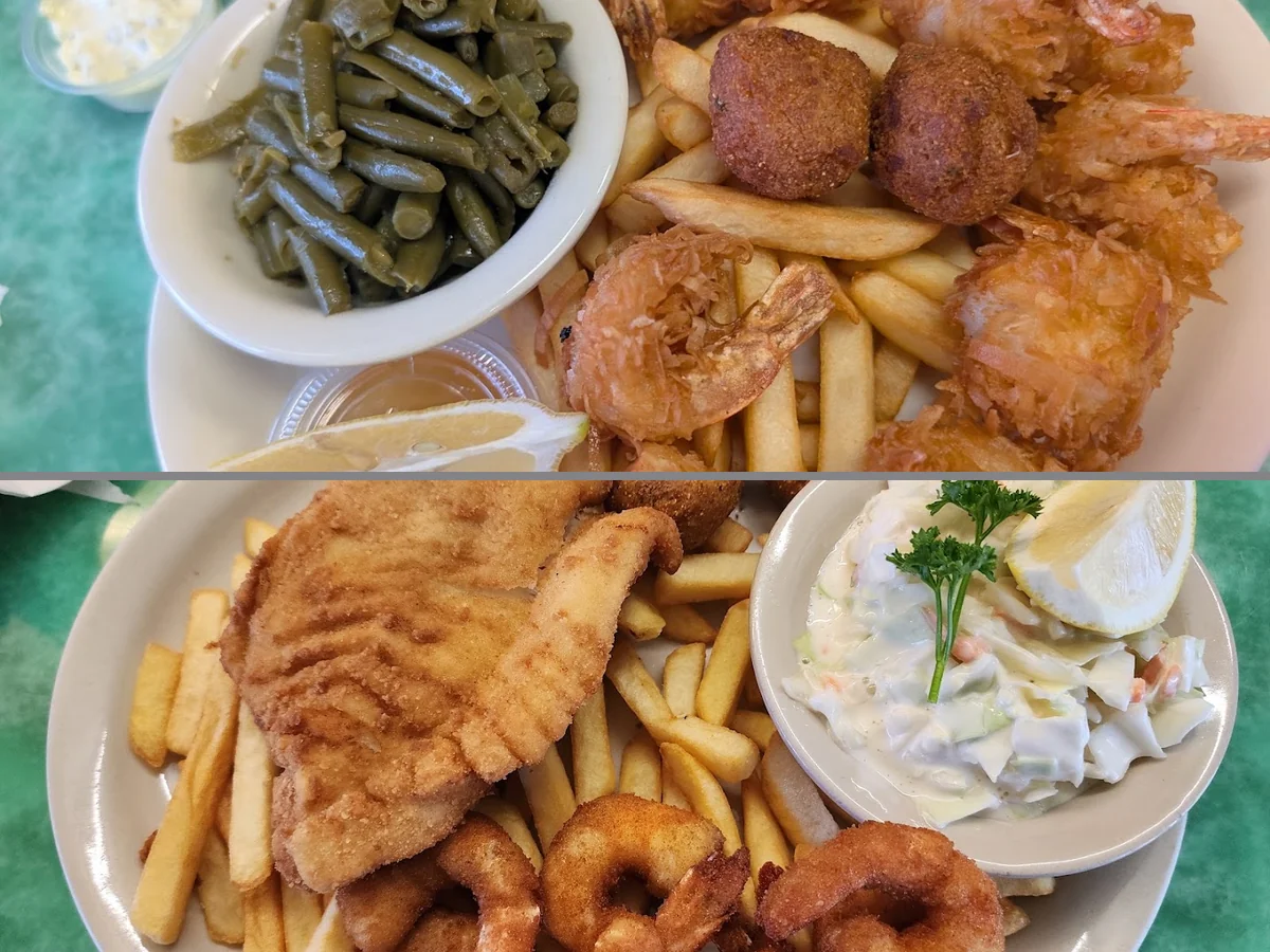 Classic fried seafood served in a bright dining room.