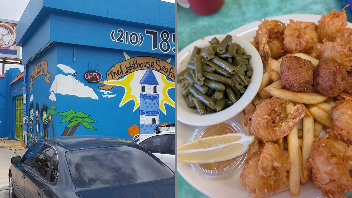 Seafood plates under ocean mural walls.