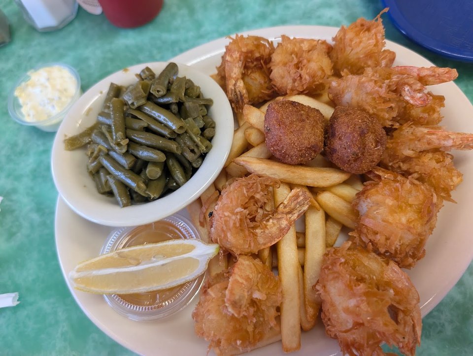 Classic fried seafood served in a bright dining room.